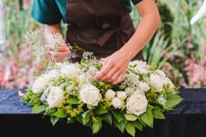 Funeral casket with flowers